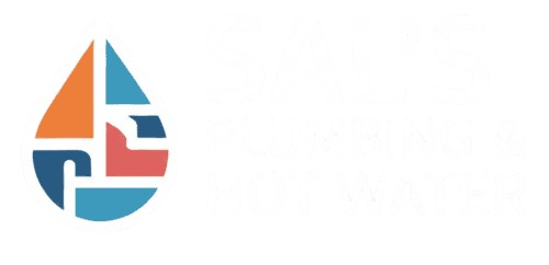 Sal's Plumbing & Hot Water logo with white text and transparent background.